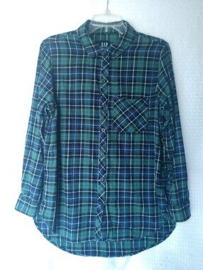 Women's Flannel Shirt GAP Green Blue White Plaid Size Medium Chest 40"